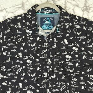 GOOD VIBES Aloha Shirt Men’s L Black Slim Fit White Palms Sharks Life is a Beach